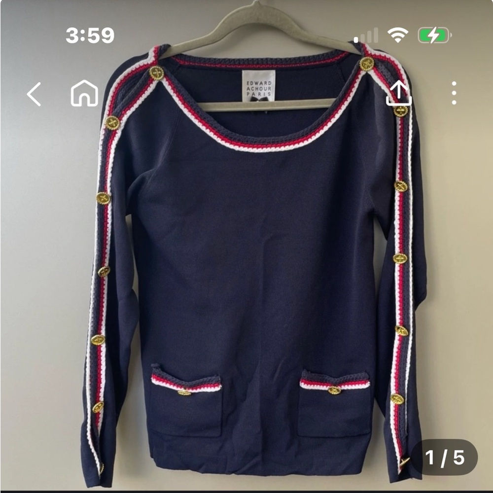 EDWARD ACHOUR PARIS Blue and Red Long Sleeve Tee with Ribbed Cuffs